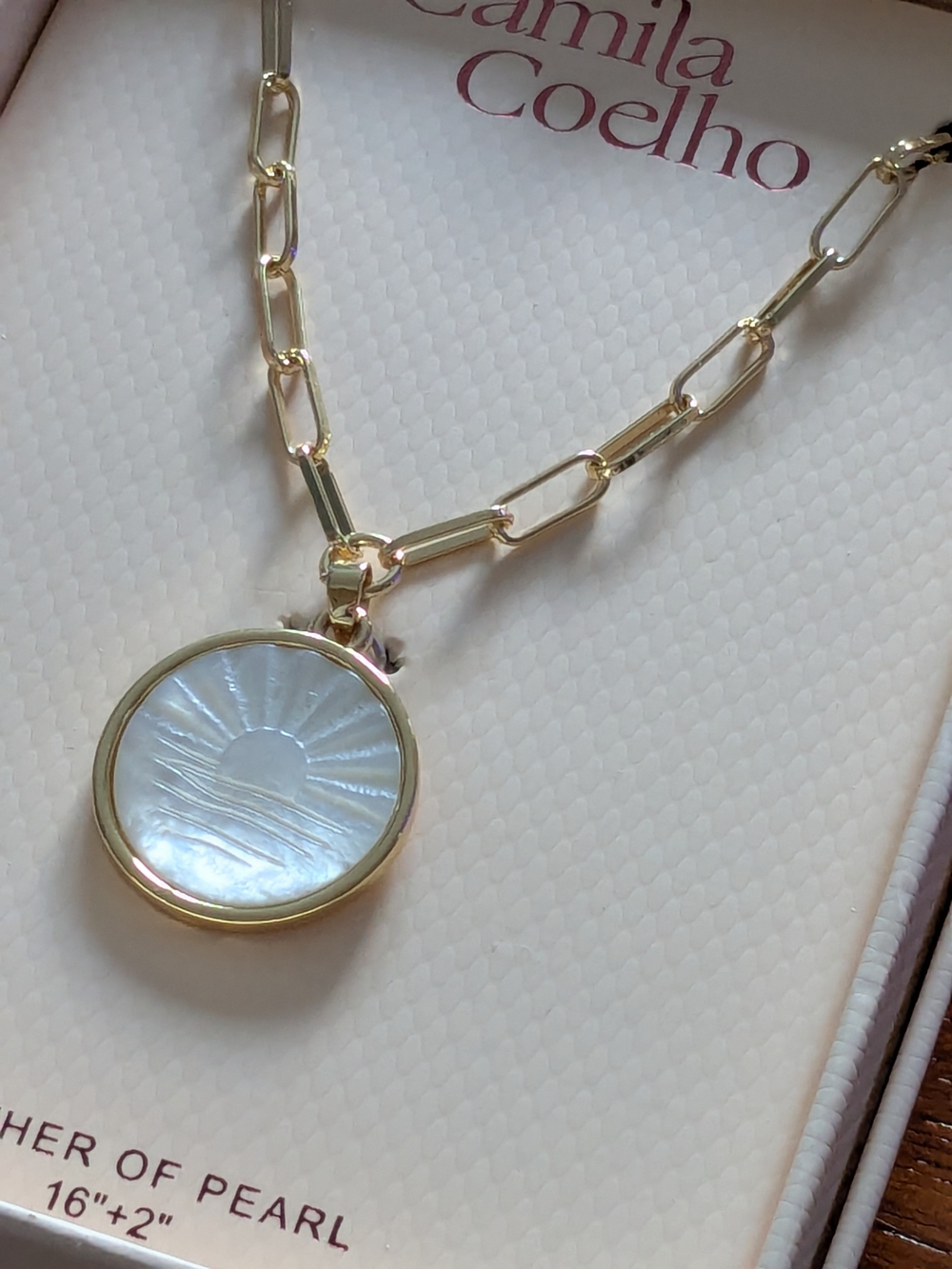 Camila Coelho Gold Chain Necklace with White Mother-of-Pearl Sunburst Pendant